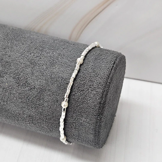 PULSERA MOSTACILLA TUBO LISA + PERLAS 17CM ENCH.PLATA