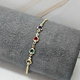 PULSERA CORAZONES MUTICOLOR 15CM + ALARGUE ENCH.ORO