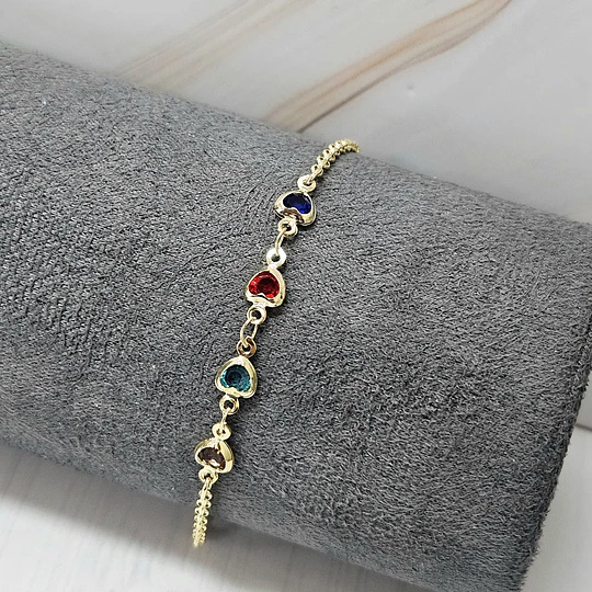 PULSERA CORAZONES MUTICOLOR 15CM + ALARGUE ENCH.ORO