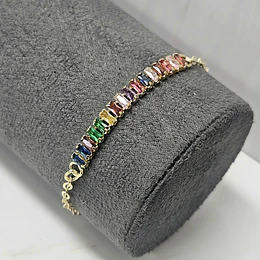 PULSERA MULTIPLES CIRCONES RECTANGULARES MULTICOLOR 17CM + ALARGUE ENCH.ORO