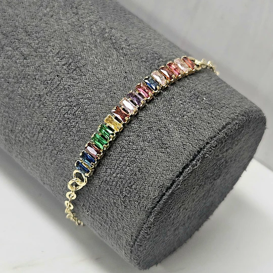 PULSERA MULTIPLES CIRCONES RECTANGULARES MULTICOLOR 17CM + ALARGUE ENCH.ORO