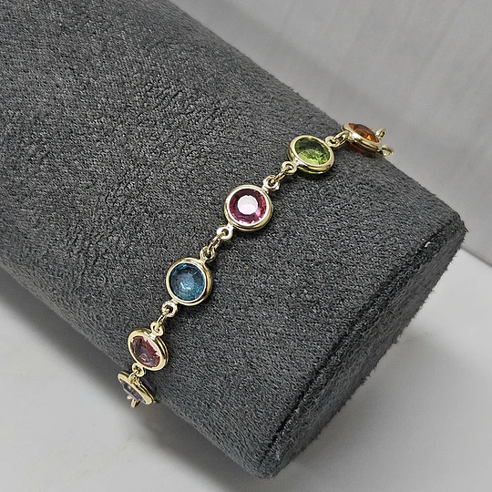 PULSERA CRISTALES MULTICOLOR 16CM + ALARGUE ENCH.ORO