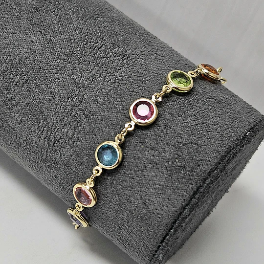 PULSERA CRISTALES MULTICOLOR 16CM + ALARGUE ENCH.ORO