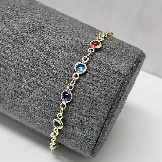 PULSERA CRISTALES MULTICOLOR REDONDOS 17CM+ ALARGUE ENCH.ORO