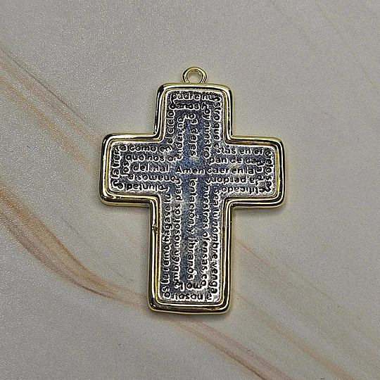COLGANTE CRUZ PADRE NUESTRO 40MM E. DE ORO Y E. DE PLATA ENVEJECIDA
