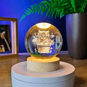 Lámpara Gato Adorable con Flores | Bola de Cristal LED