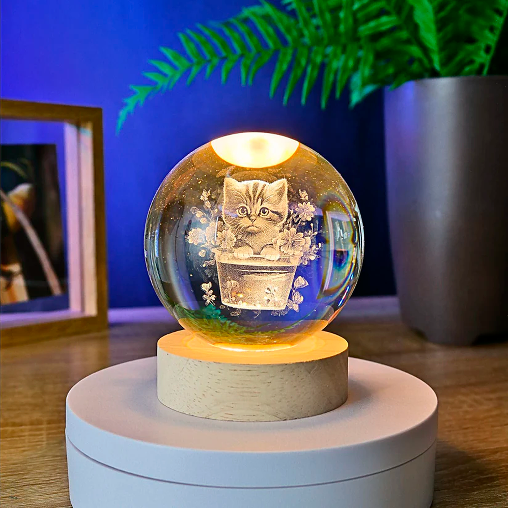 Lámpara Gato Adorable con Flores | Bola de Cristal LED 2