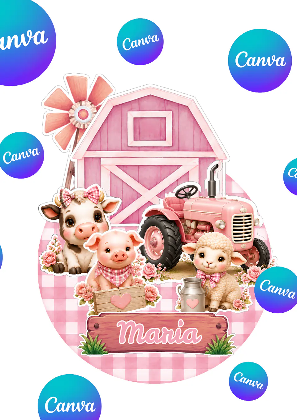 Pack Topo de bolo cenário Tema Fazendinha editável no Canva  1