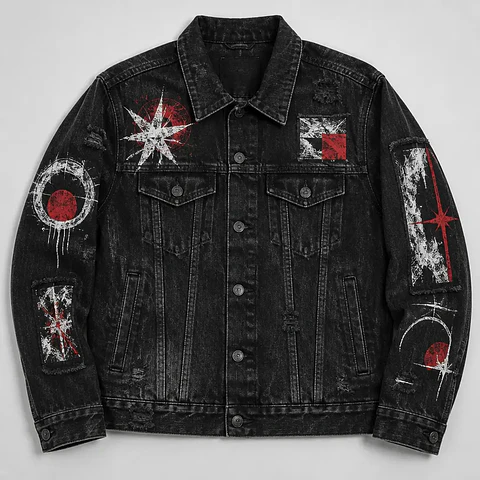 Chaqueta Paranoia — mezclilla negra, parches gráficos