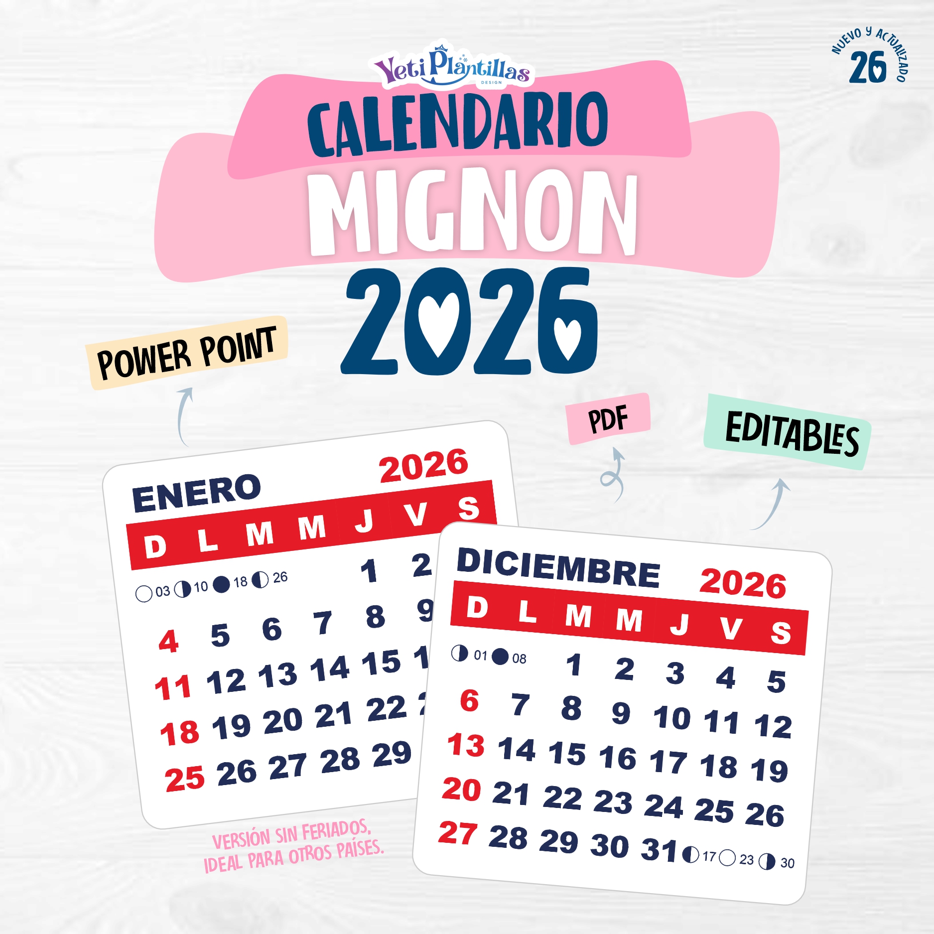 Kit Calendario Mignon 2026 Editable Listo Para Imprimir Pdf