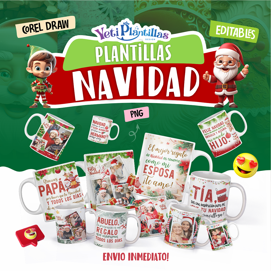 16 Diseños Plantillas Tazas Navidad Navideñas Archivos Corel Draw y Png 1