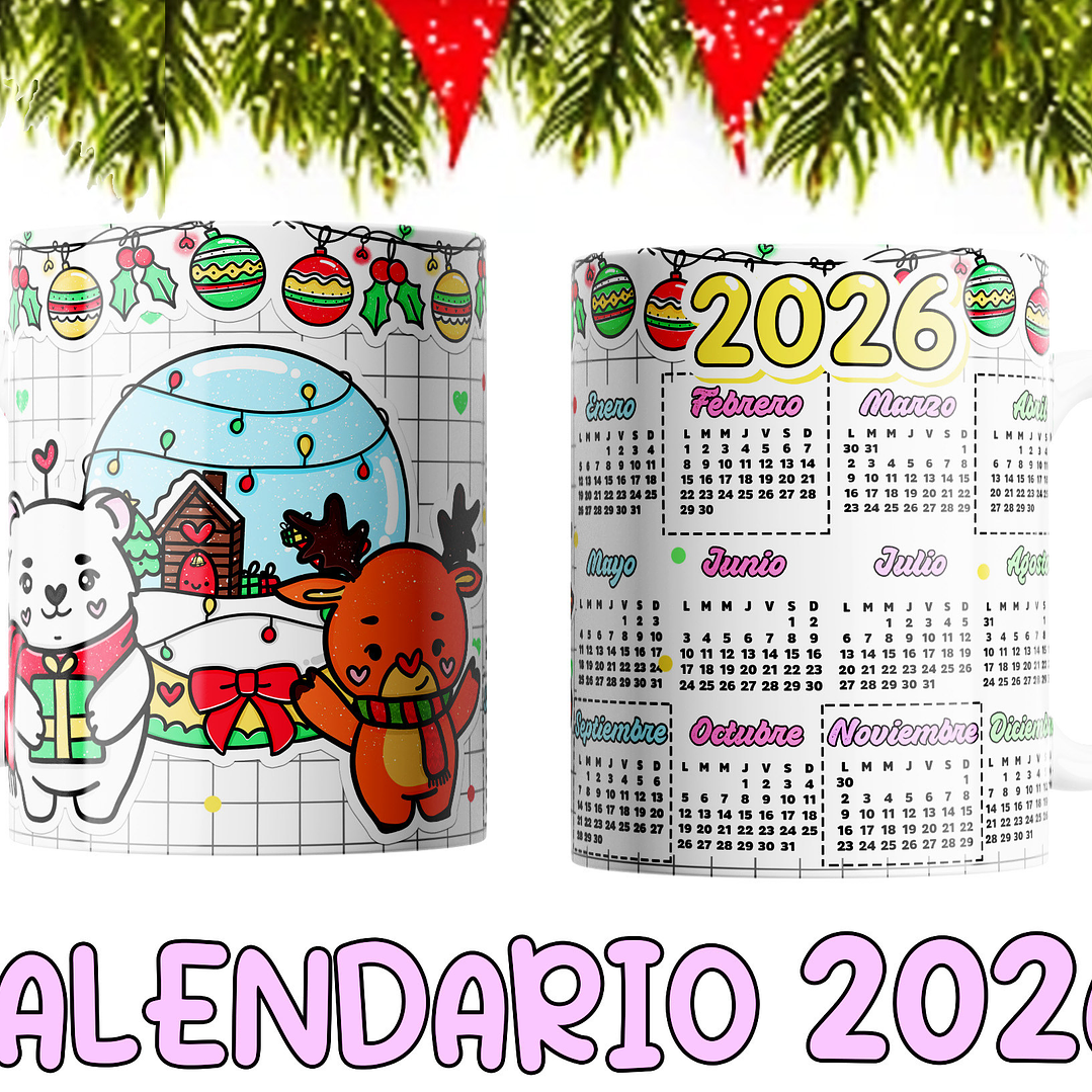 10 Diseños Plantillas Tazas Calendarios Cute navidad 2026 Editables PSD y Archivos PNG 5