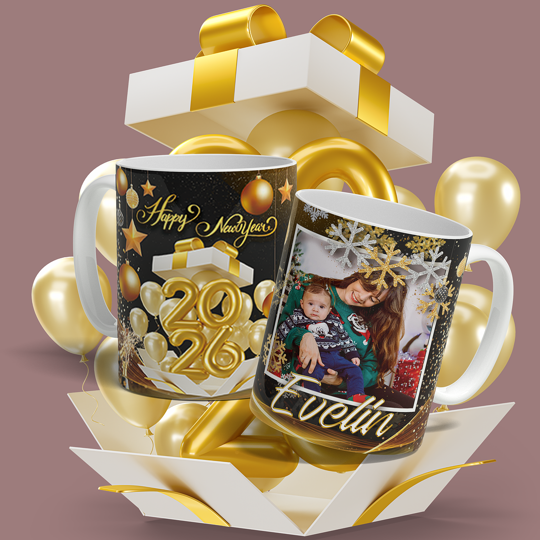 Plantillas de Diseño Tazas Año Nuevo Con Foto 2026 Archivos Editables Photoshop 1