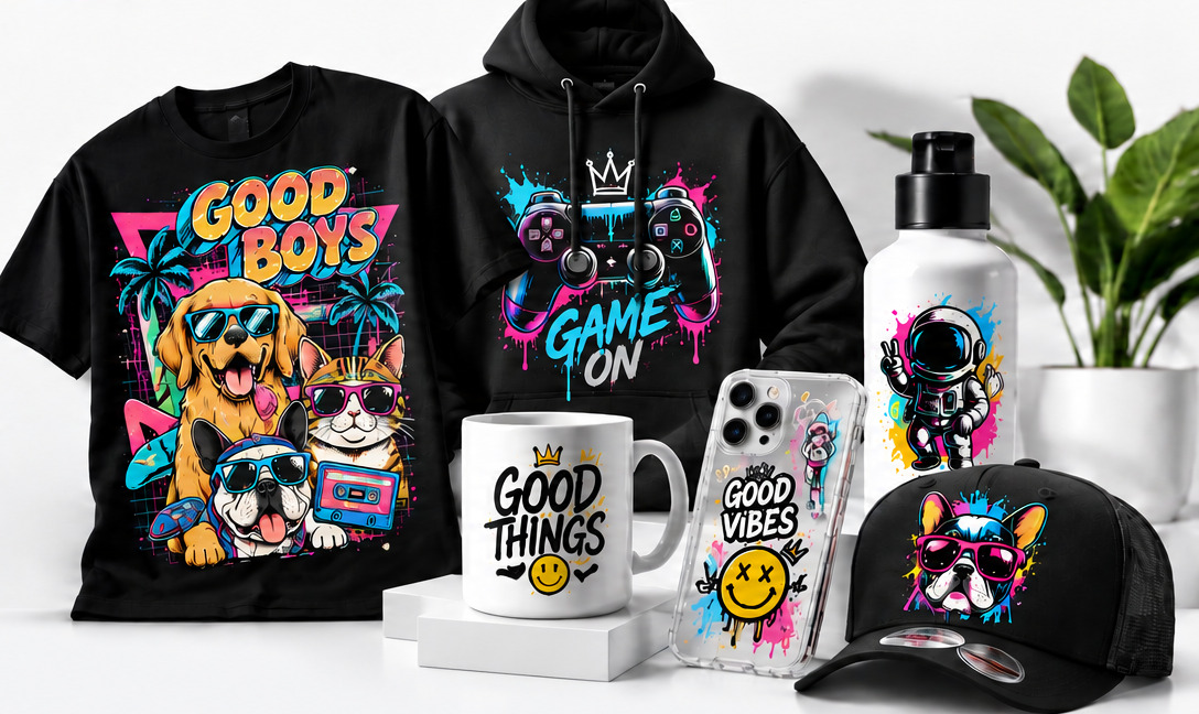 Poleras, polerones, tazas, termos, cascos y carcasas con impresión DTF