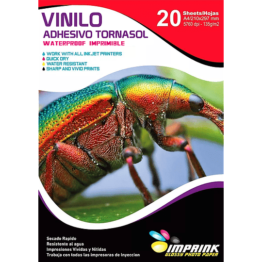 Vinilo Adhesivo Tornasol Imprimible A4/20hojas.