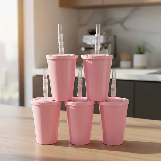 Vasos plásticos 350 ml. Color Rosado. (12 unid)
