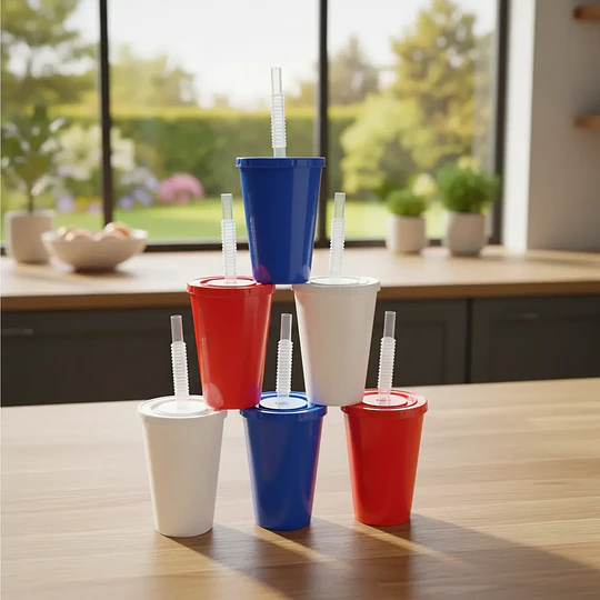 Vasos plásticos 350 ml. Color Azul, Rojo y blanco. (12 unid)