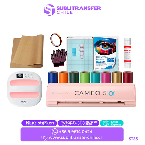ST35 Kit Plotter de Corte Cameo 5 Alpha Rosada + Estampadora Hoby 24x24 cm - Entrega Inmediata