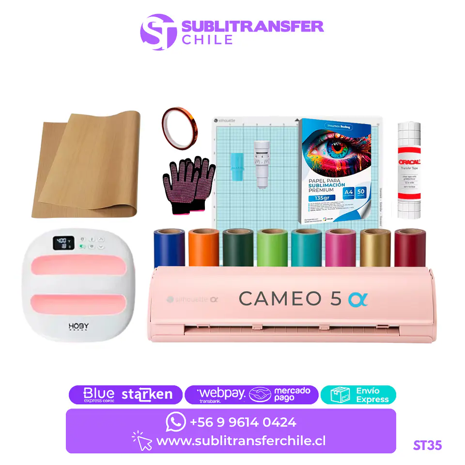 ST35 Kit Plotter de Corte Cameo 5 Alpha Rosada + Estampadora Hoby 24x24 cm - Entrega Inmediata 1