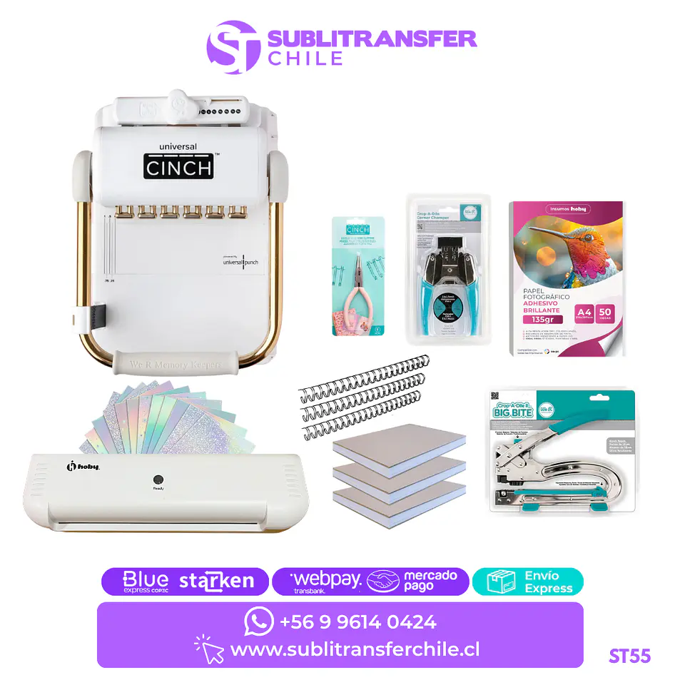 ST55 Kit Universal cinch + herramientas y laminadora dorada A4 - Entrega inmediata  1