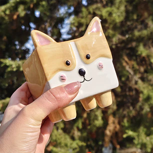 Maceta cerámica  tierna  perrito Corgi 