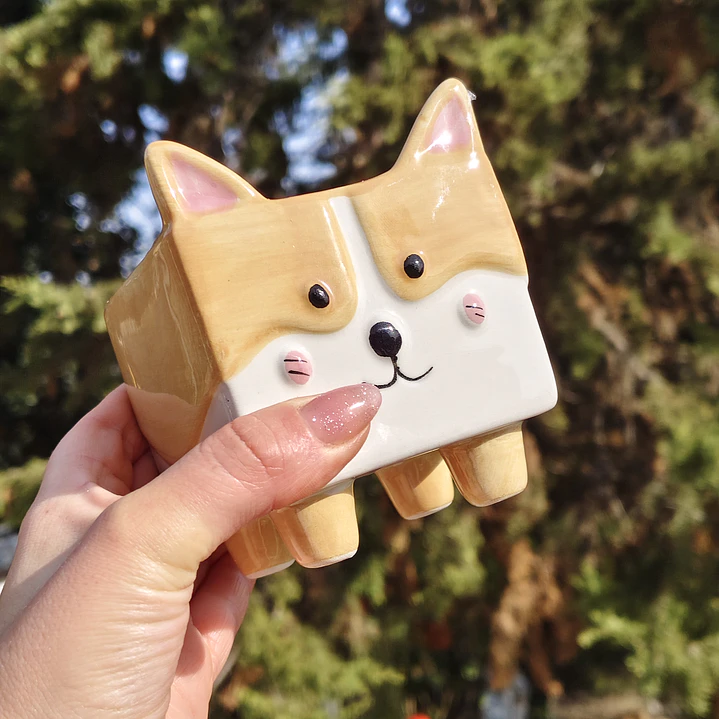Maceta cerámica  tierna  perrito Corgi  2