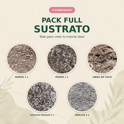 Pack full Sustrato: 1LT Sustrato premium + 1 LT Humus lombriz + 1 LT Perlita + 1 LT Pomez + 1LT fibra de coco