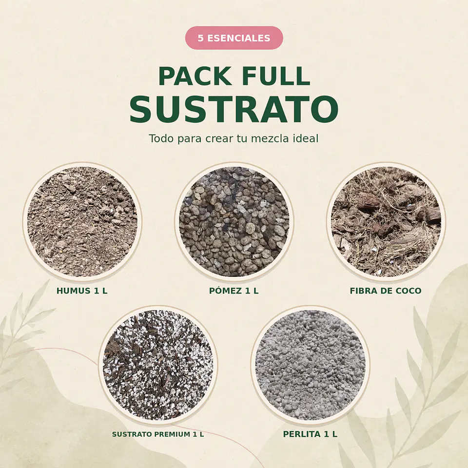 Pack full Sustrato: 1LT Sustrato premium + 1 LT Humus lombriz + 1 LT Perlita + 1 LT Pomez + 1LT fibra de coco 1