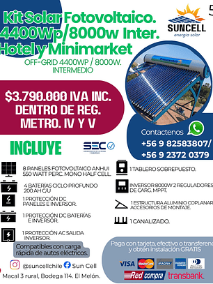 Kit Solar Fotovoltaico.  4400Wp/8000w Intermedio. Hotel y Minimarket