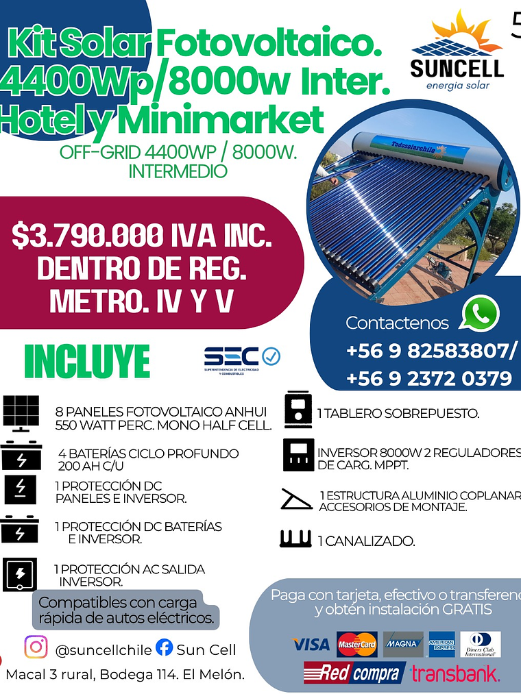 Kit Solar Fotovoltaico.  4400Wp/8000w Intermedio. Hotel y Minimarket 1