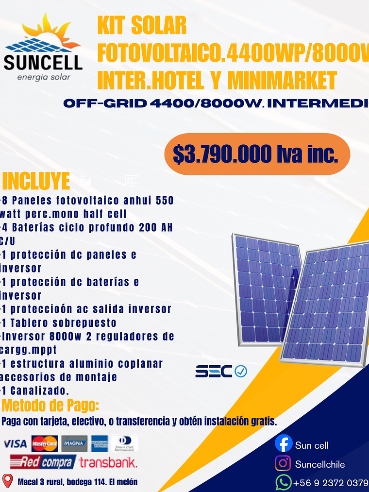 Kit Solar Fotovoltaico.  4400Wp/8000w Intermedio. Hotel y Minimarket 1