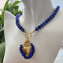 Collar Piedra Natural Jade Azul Con Baño de Oro Y Acero Inoxidable