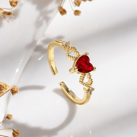 Anillo Ajustable corazón rojo | Baño de oro 18k