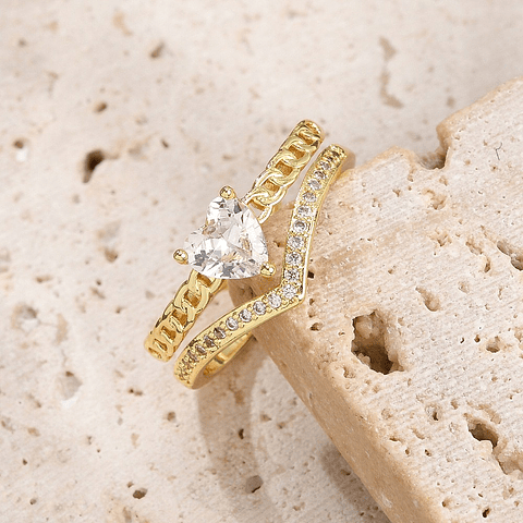 Anillo Ajustable doble con corazón de circon | Baño de oro 18k