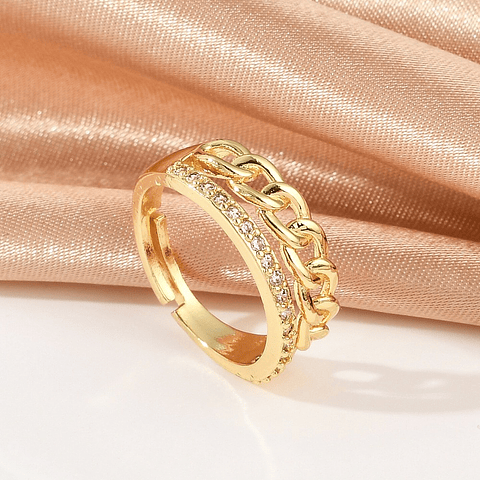 Anillo Ajustable Con Circones y Cadena | Baño oro 18k