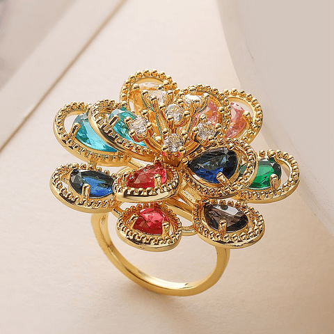 Anillo Ajustable Flor Con Cristales | Baño de oro 18k