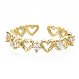 Anillo Ajustable Con Corazones y Circones | Baño de oro 18k 