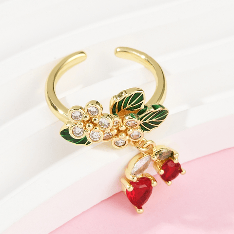 Anillo Ajustable de Cerezas | Baño de oro 18K