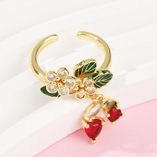 Anillo Ajustable de Cerezas | Baño de oro 18K