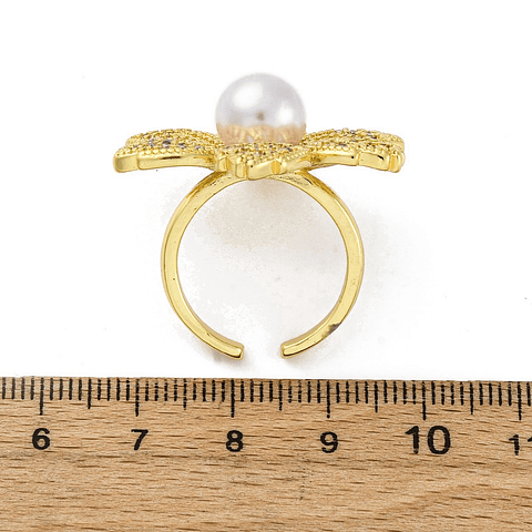 Anillo Ajustable Flor Con Perla y circones | Baño de oro 18k