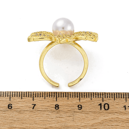 Anillo Ajustable Flor Con Perla y circones | Baño de oro 18k