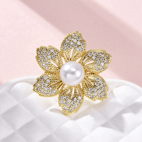 Anillo Ajustable Flor Con Perla y circones | Baño de oro 18k