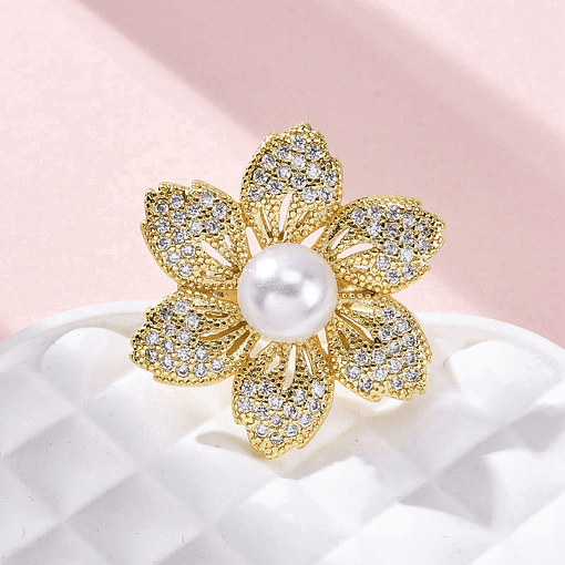 Anillo Ajustable Flor Con Perla y circones | Baño de oro 18k