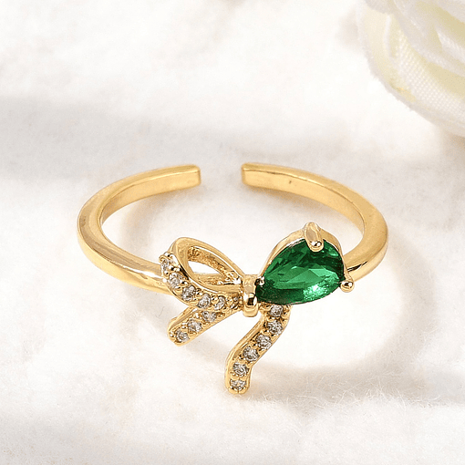 Anillo Ajustable Lazo Con Cristal Verde | Acero Inoxidable
