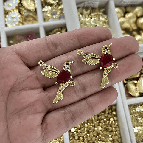 Conector Colibrí Cristal Rojo | Baño de oro 18k 