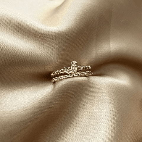 Anillo Doble Con Circones y Corazón | Baño de oro 18k