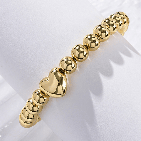 Pulsera Ajustable con Balines 6mm y Corazón | Baño De Oro