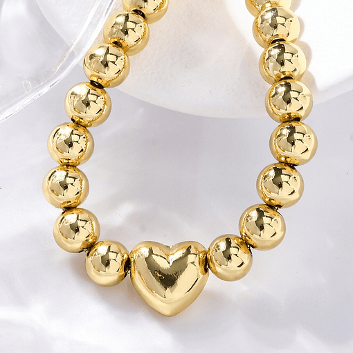 Pulsera Ajustable con Balines 6mm y Corazón | Baño De Oro