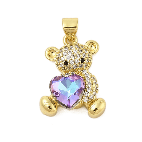 Colgante Oso Con Cristal de Corazón Lila | Baño de oro 18k