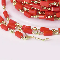  1 Metro Cadena Vidrio Rojo Con Baño de oro 18k